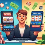 Dall·e 2024 09 11 20.13.30 An Illustration Showing The Concept Of Online Casinos Using Free Demo Games As A Marketing Tool. On One Side, There Is A Laptop Or Smartphone Screen D